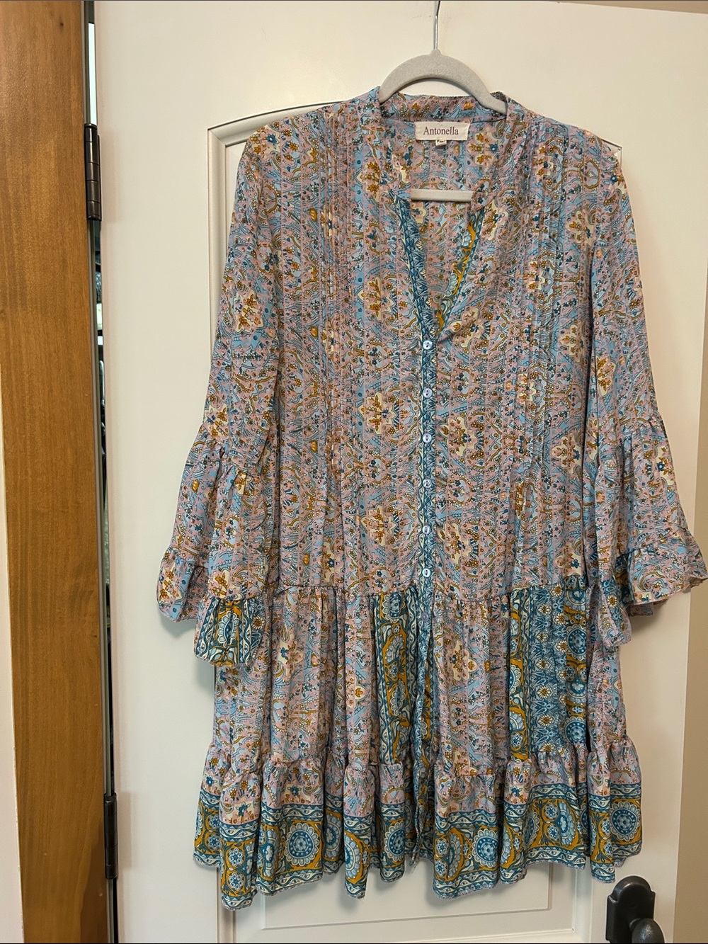 Antonella Blue Floral Tiered Tunic Top with Bell Sleeves. Summer Weight